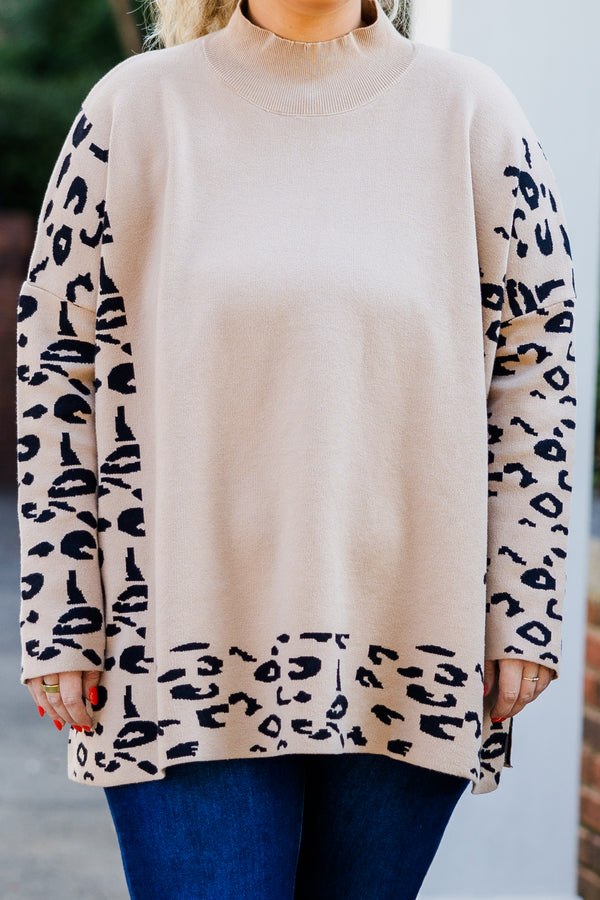 Chic Soul plus size clothing, long-sleeve taupe turtle-neck tunic with leopard print pattern on sleeves and framing the sweater 