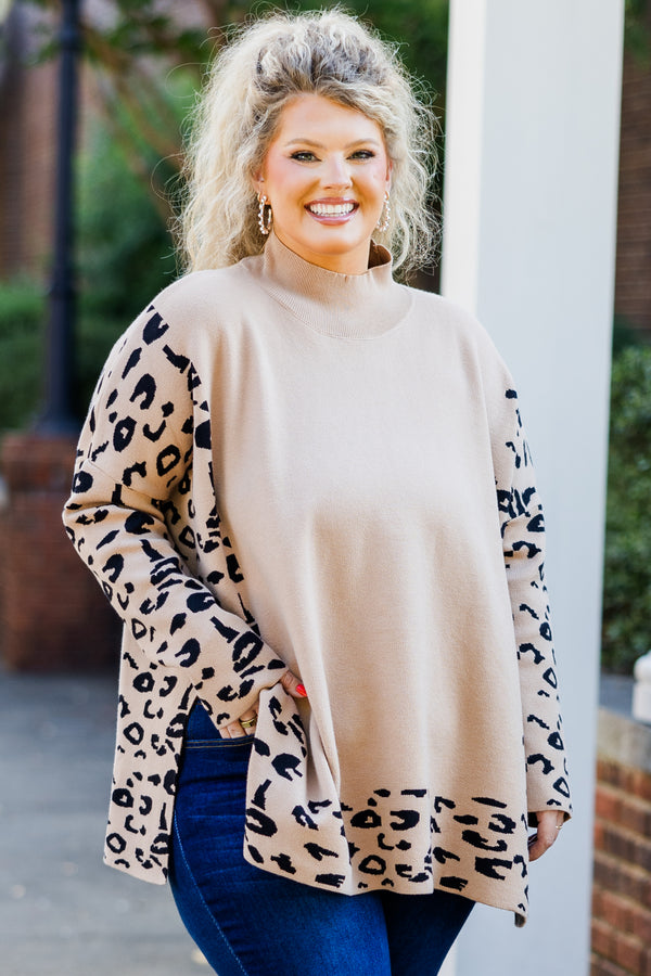 Chic Soul plus size clothing, long-sleeve taupe turtle-neck tunic with leopard print pattern on sleeves and framing the sweater 