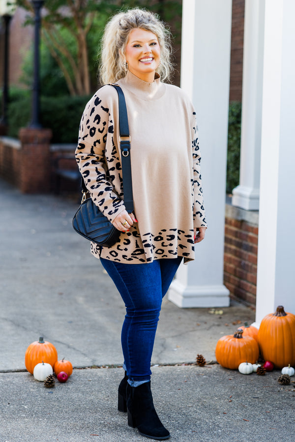 Chic Soul plus size clothing, long-sleeve taupe turtle-neck tunic with leopard print pattern on sleeves and framing the sweater 