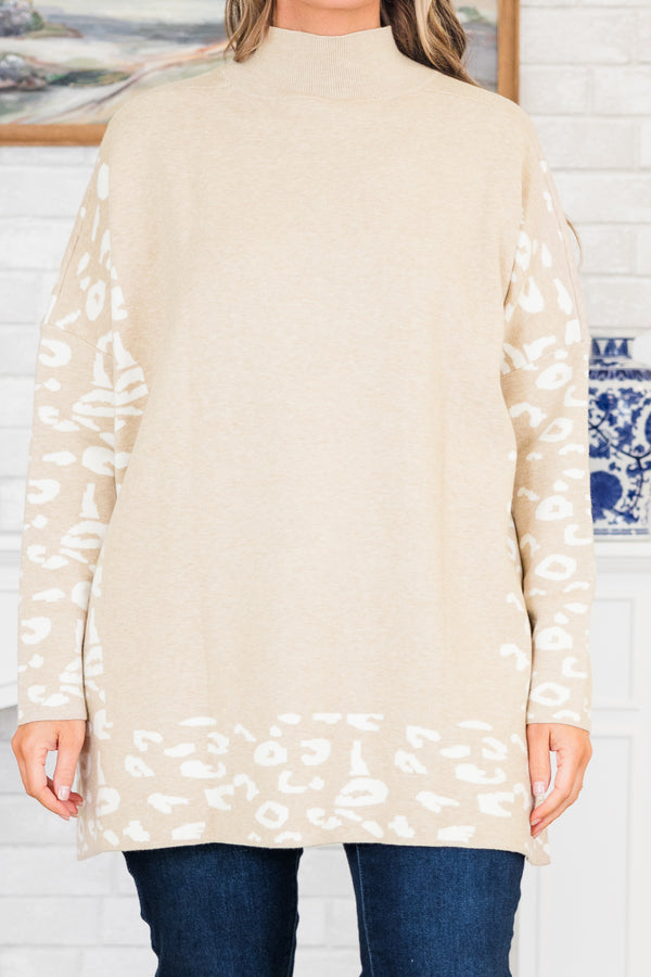 Chic Soul plus size clothing, taupe-white long sleeve knit sweater tunic with mock neckline with white leopard detail along sleeves and bottom