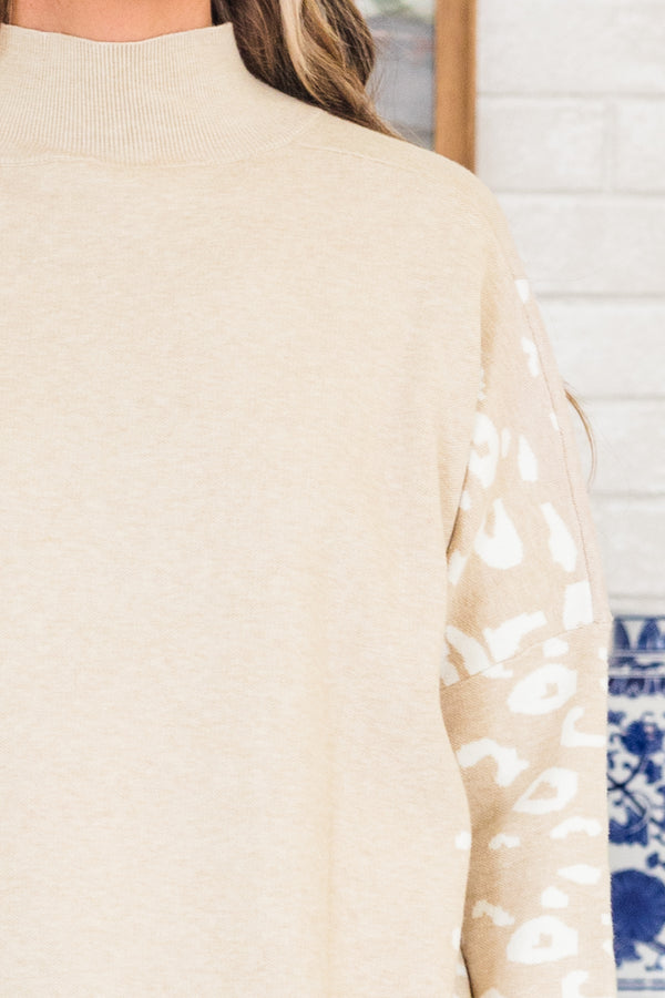 Chic Soul plus size clothing, taupe-white long sleeve knit sweater tunic with mock neckline with white leopard detail along sleeves and bottom