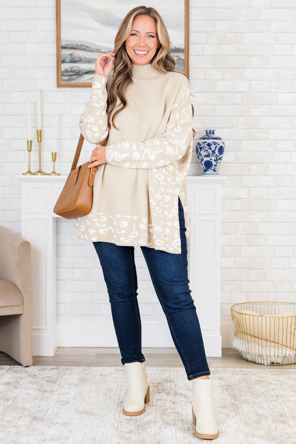 Chic Soul plus size clothing, taupe-white long sleeve knit sweater tunic with mock neckline with white leopard detail along sleeves and bottom
