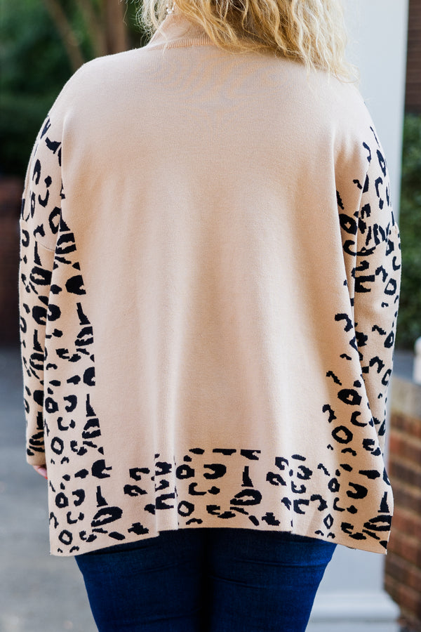 Chic Soul plus size clothing, long-sleeve taupe turtle-neck tunic with leopard print pattern on sleeves and framing the sweater 
