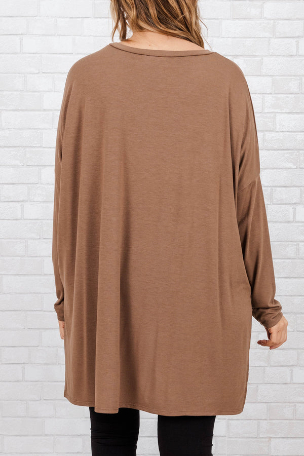 Chic Soul plus size clothing, mocha colored buttery soft longer length long sleeve top with slits on the sides