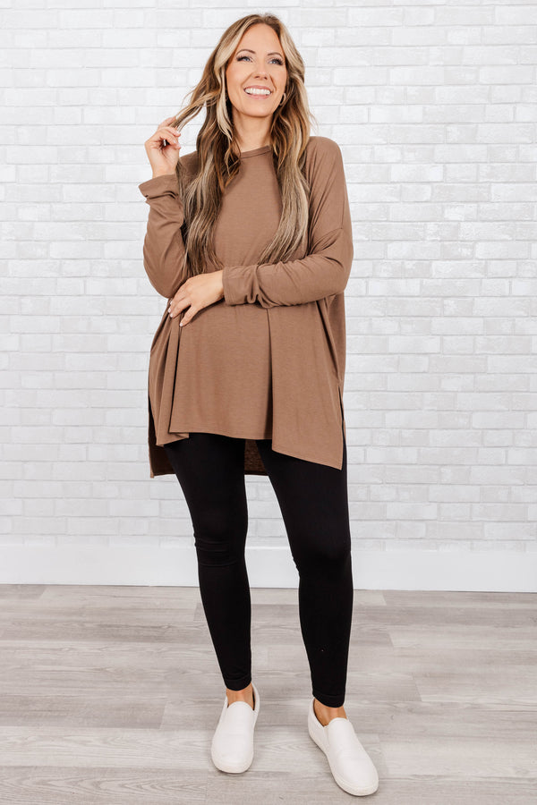 Chic Soul plus size clothing, mocha colored buttery soft longer length long sleeve top with slits on the sides