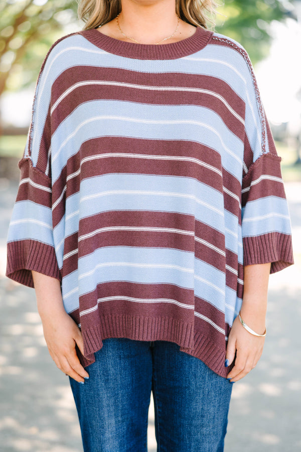Plus Size brown and blue striped sweater with a crew neckline and three-quarter length sleeves.