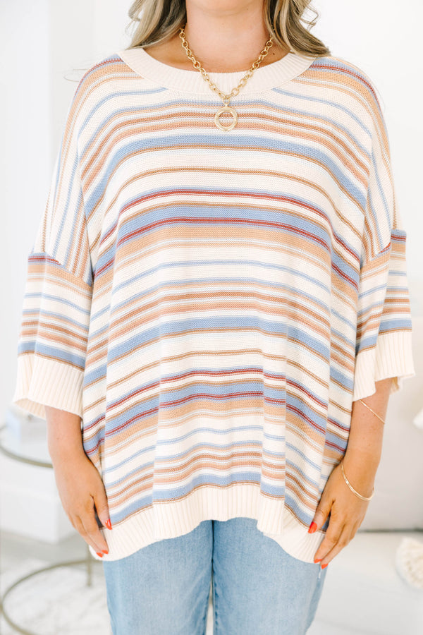 Plus size brown multi striped sweater tunic with drop shoulders