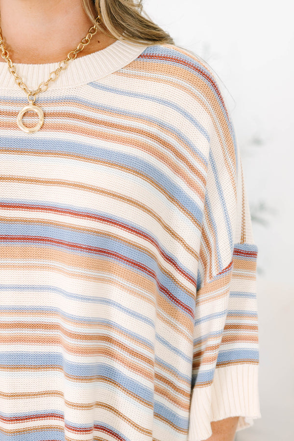 Plus size brown multi striped sweater tunic with drop shoulders