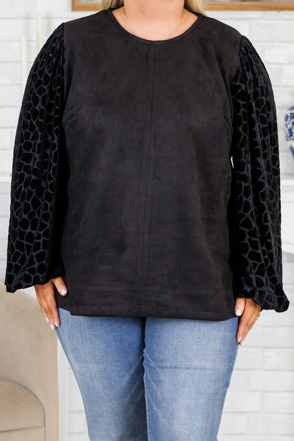 Chic Soul plus size clothing, black long sleeve suede top with geometric textured design on sleeves with round neckline and cuff sleeves