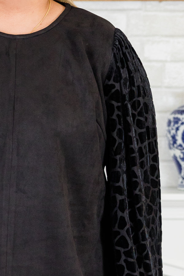 Chic Soul plus size clothing, black long sleeve suede top with geometric textured design on sleeves with round neckline and cuff sleeves