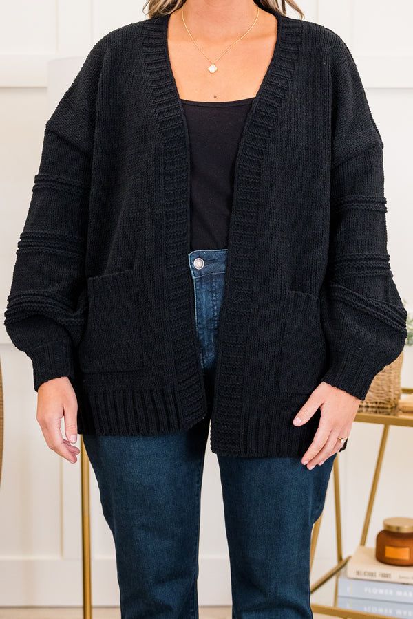 Chic Soul plus size clothing, black long sleeve knit short cardigan with cuffed sleeves and outer stitch detail on sleeves