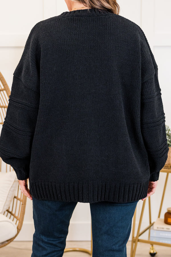 Chic Soul plus size clothing, black long sleeve knit short cardigan with cuffed sleeves and outer stitch detail on sleeves