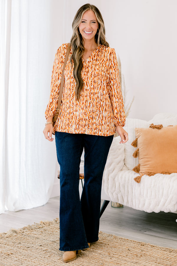 Chic Soul plus size clothing, mustard and red abstract pattern long sleeve top with cinched sleeves at the wrist