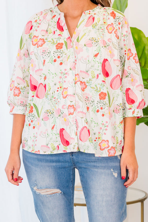 Chic Soul plus size clothing, quarter sleeve ivory top with pink floral details and v-neckline