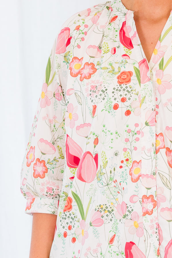 Chic Soul plus size clothing, quarter sleeve ivory top with pink floral details and v-neckline
