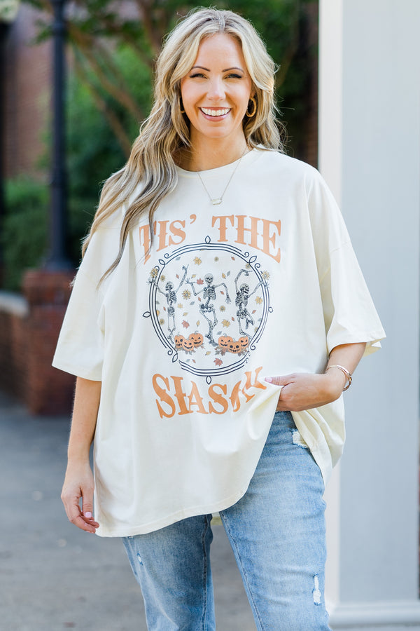 Chic Soul plus size clothing, ivory short sleeve boyfriend tee with 