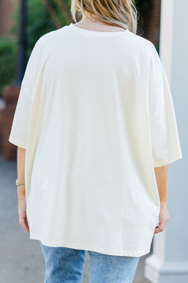 Chic Soul plus size clothing, ivory short sleeve boyfriend tee with 