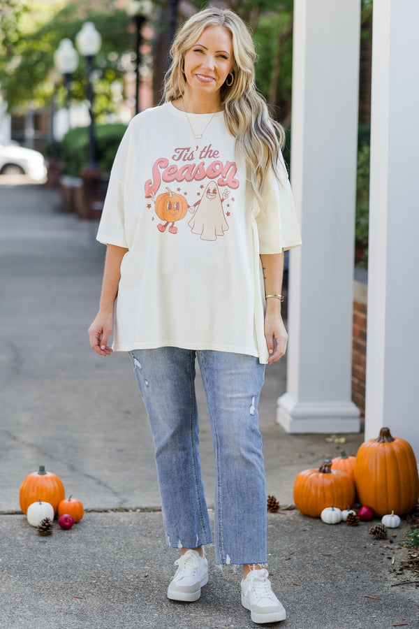 Chic Soul plus size clothing, short-sleeve ivory boyfriend tee with scoop-neckline and dusty pink graphic art stating 