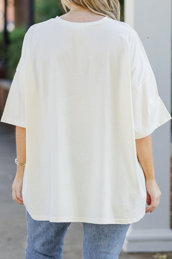 Chic Soul plus size clothing, short-sleeve ivory boyfriend tee with scoop-neckline and dusty pink graphic art stating 