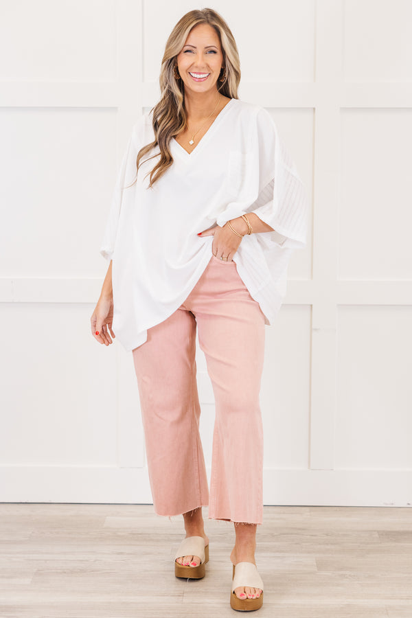 Chic Soul plus size clothing, white short sleeve flowy top with chest pocket with fabric detail along back and sides with v neckline
