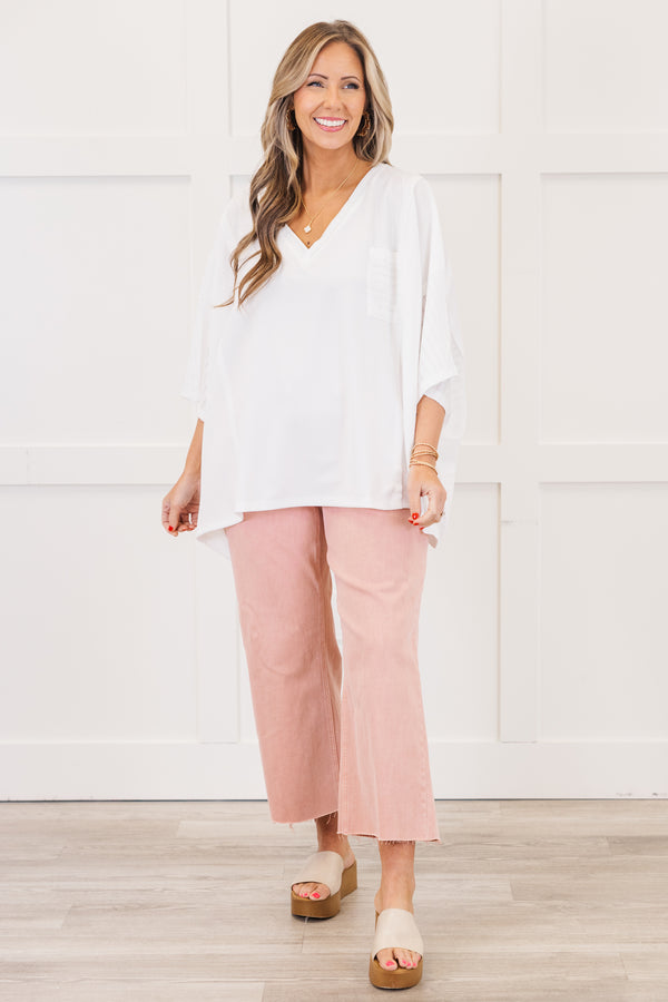 Chic Soul plus size clothing, white short sleeve flowy top with chest pocket with fabric detail along back and sides with v neckline
