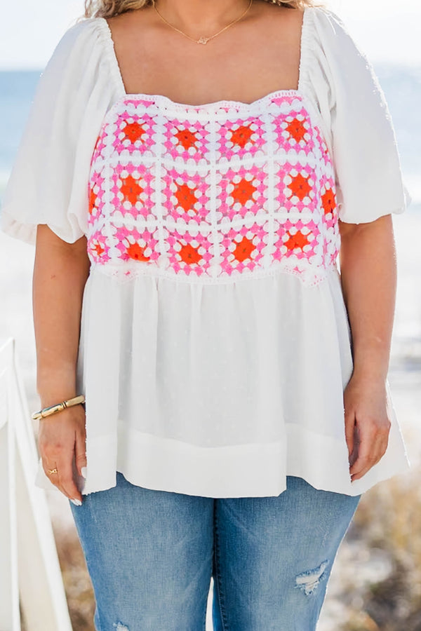 Chic Soul plus size clothing, white babydoll top with crochet accent and balloon sleeves