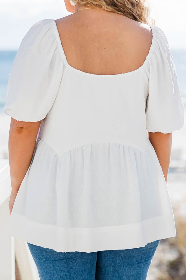 Chic Soul plus size clothing, white babydoll top with crochet accent and balloon sleeves