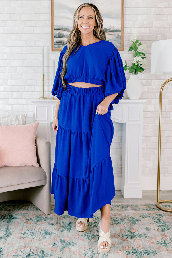 Chic Soul plus size clothing, quarter sleeve cropped royal blue top with small v-neckline and puffed sleeves