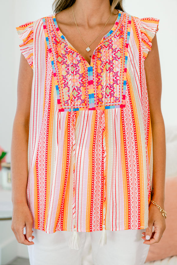 Chic Soul plus size clothing, rust boho print short sleeve top with stripe print with embroidery detail along chest with v cutout on neckline and ruffle sleeves