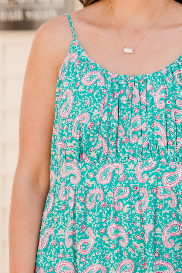Chic Soul plus size clothing, short teal dress with magenta paisley pattern