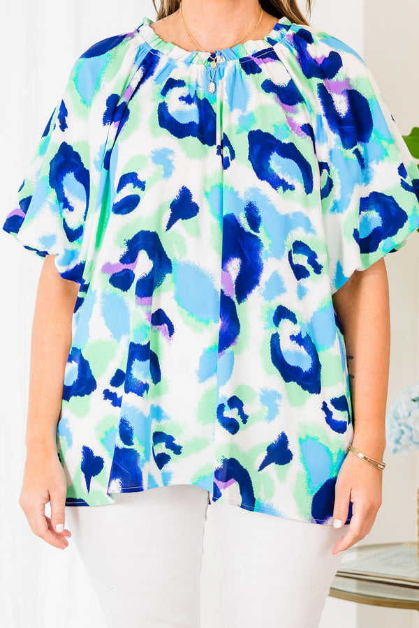 Chic Soul plus size clothing, mint mix cheetah print short sleeve top with bubble sleeves