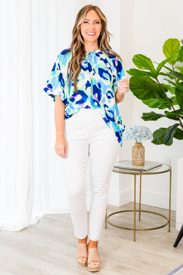 Chic Soul plus size clothing, mint mix cheetah print short sleeve top with bubble sleeves