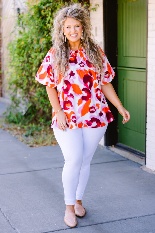 Chic Soul plus size clothing, short sleeve pink mix top with orange/pink leopard print with round neckline and puff sleeves