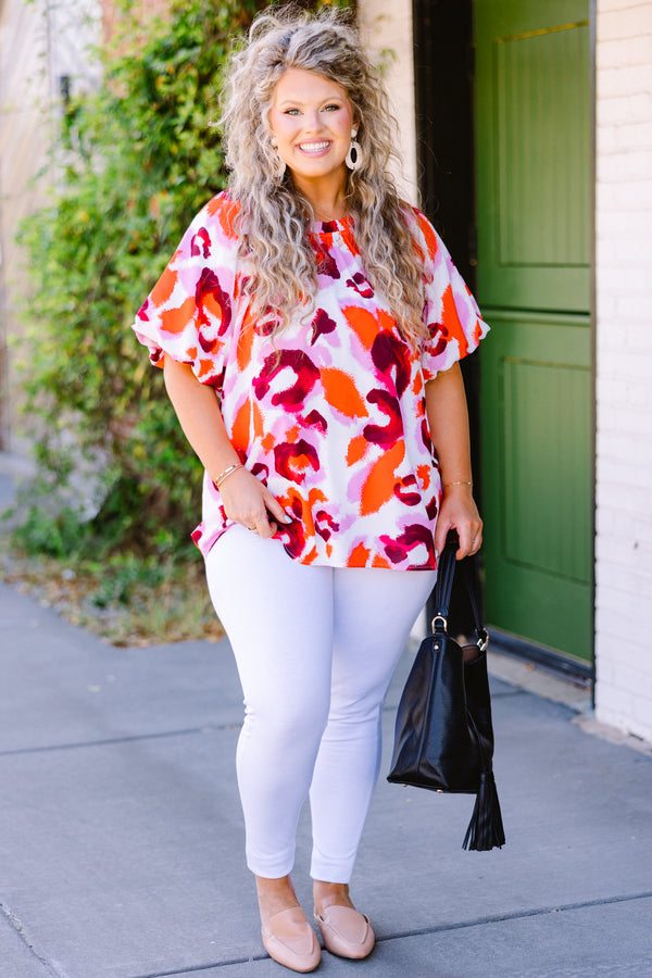 Chic Soul plus size clothing, short sleeve pink mix top with orange/pink leopard print with round neckline and puff sleeves