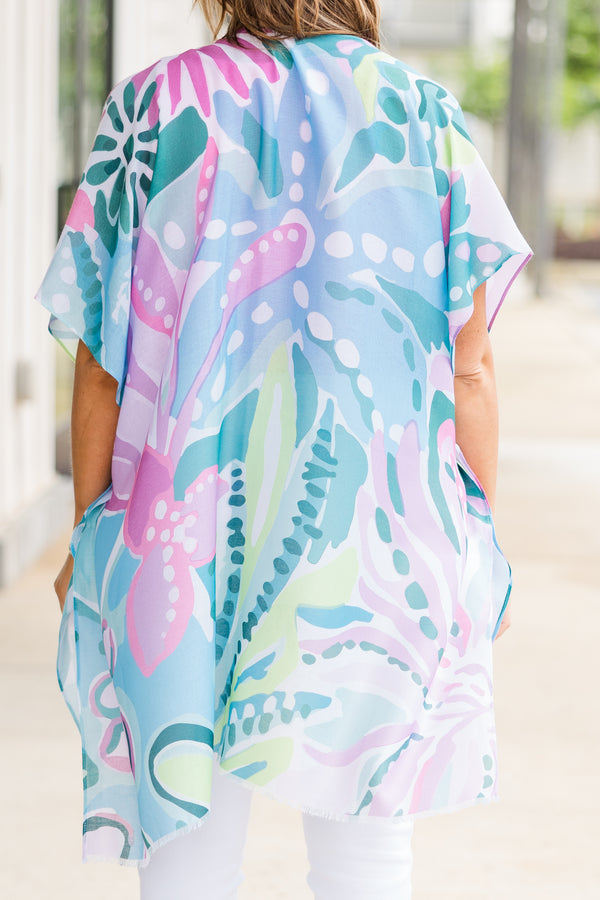 Chic Soul plus size clothing, short-sleeve flowy blue kimono with pink floral pattern 