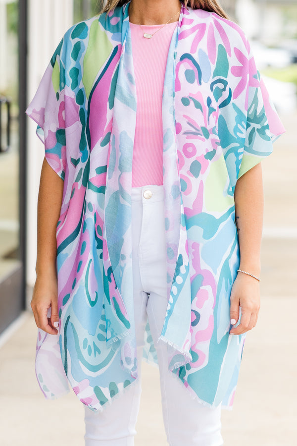 Chic Soul plus size clothing, short-sleeve flowy blue kimono with pink floral pattern 