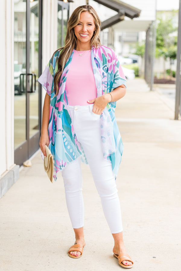 Chic Soul plus size clothing, short-sleeve flowy blue kimono with pink floral pattern 