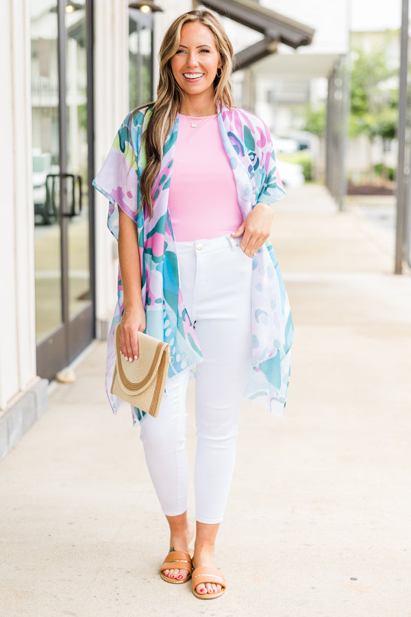 Chic Soul plus size clothing, short-sleeve flowy blue kimono with pink floral pattern 
