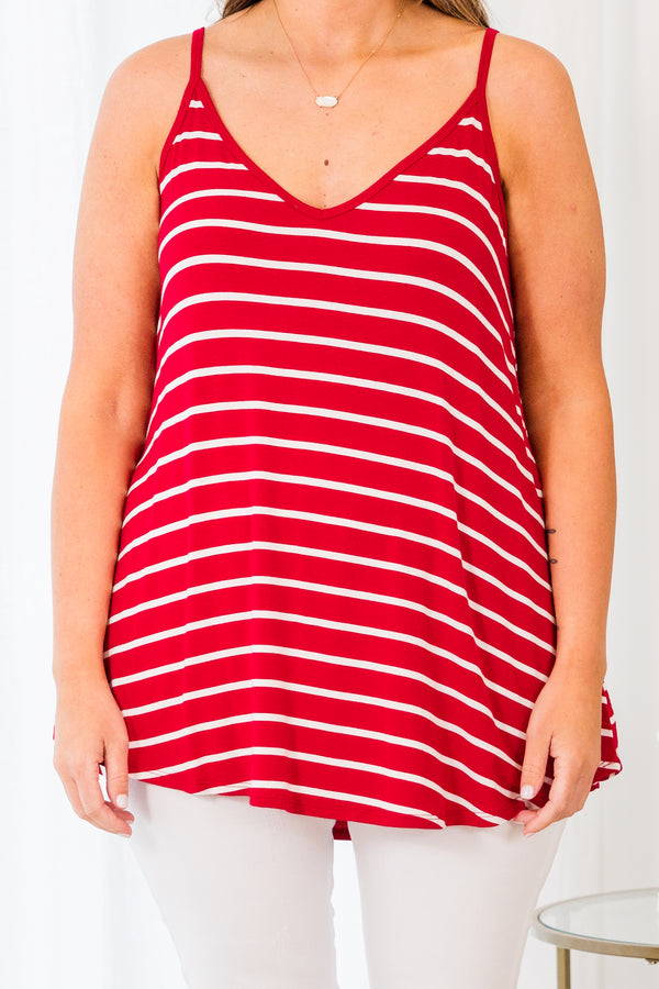 Chic Soul plus size clothing, burgundy/ivory stripe sleeveless tank top with v neckline