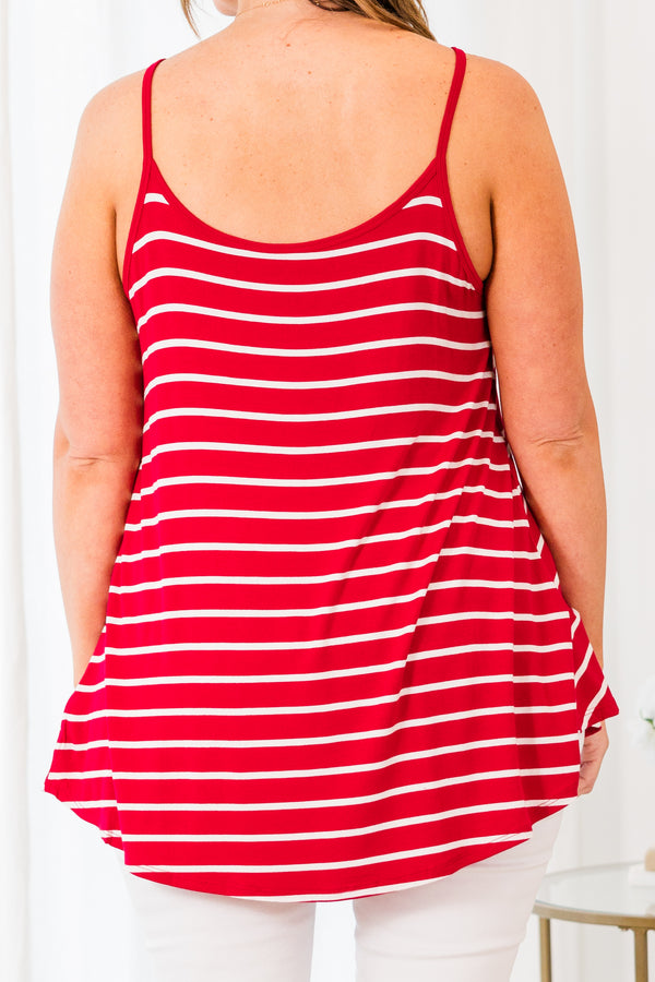 Chic Soul plus size clothing, burgundy/ivory stripe sleeveless tank top with v neckline