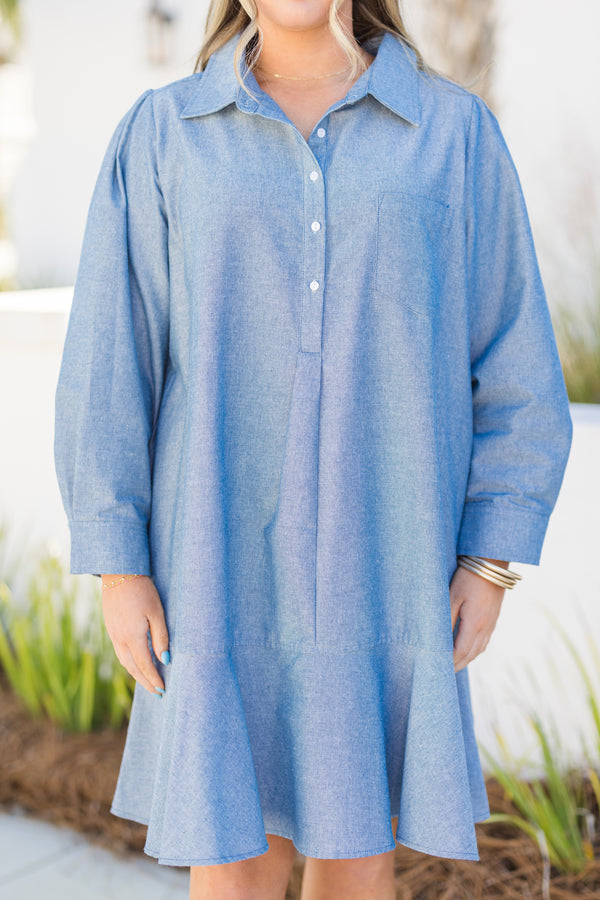 Chic Soul plus size clothing, light chambray denim puff sleeve dress with buttons and a collar and a ruffle flair hem