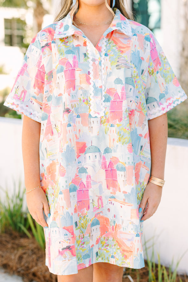 Chic Soul plus size clothing, light pastel multi color print short sleeve shift dress with white scalloped trim and a collar