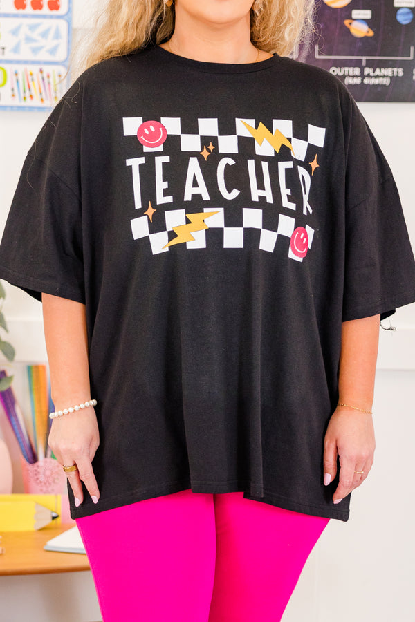 Chic Soul plus size clothing, black short sleeve boyfriend tee with checkered graphic with 