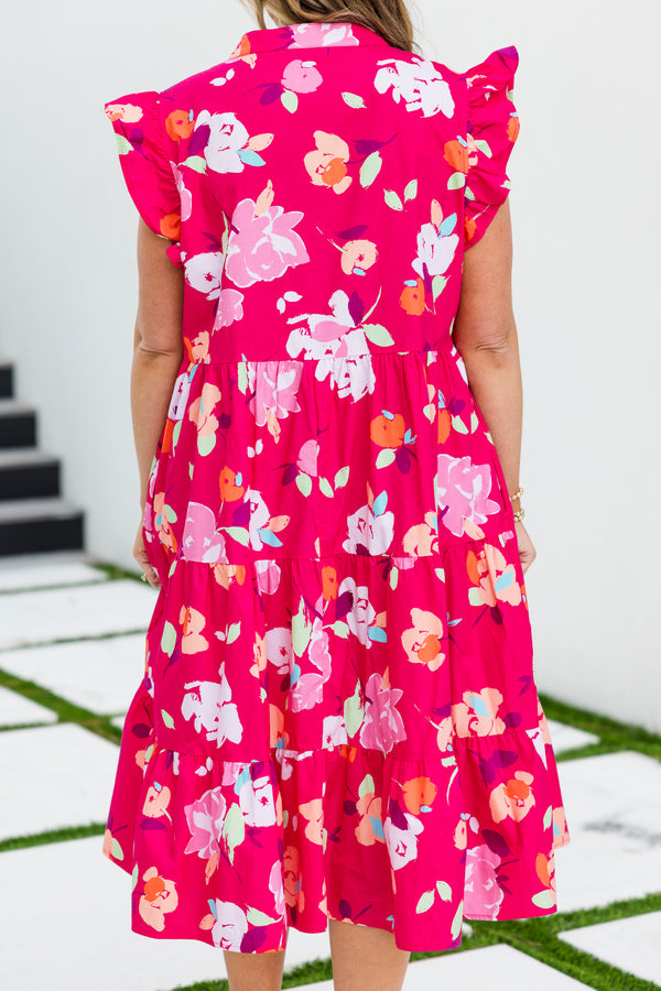 Chic Soul plus size clothing, magenta short sleeve midi dress with tiered detail with v neckline with ruffle sleeve detail and large floral multi print