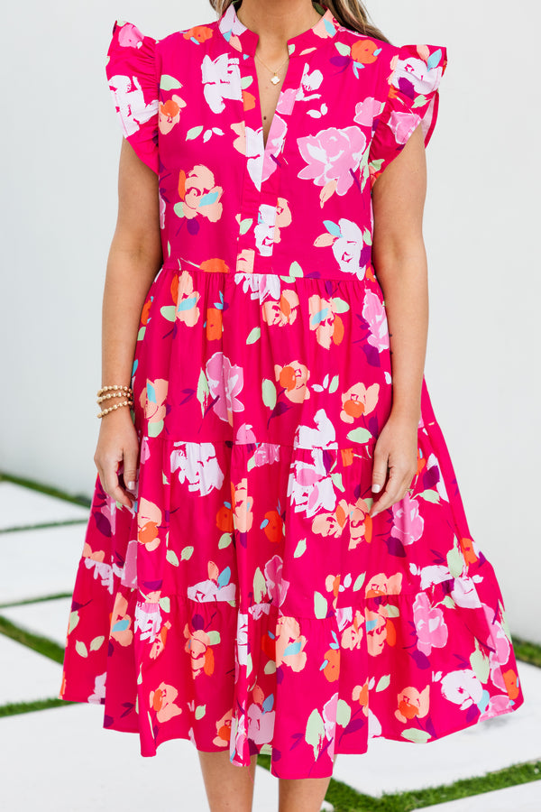 Chic Soul plus size clothing, magenta short sleeve midi dress with tiered detail with v neckline with ruffle sleeve detail and large floral multi print