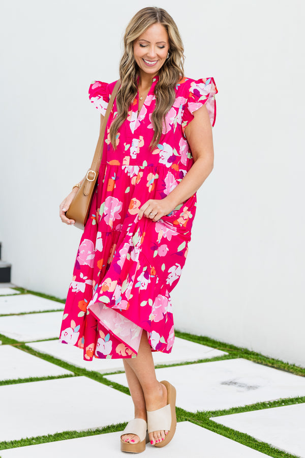 Chic Soul plus size clothing, magenta short sleeve midi dress with tiered detail with v neckline with ruffle sleeve detail and large floral multi print