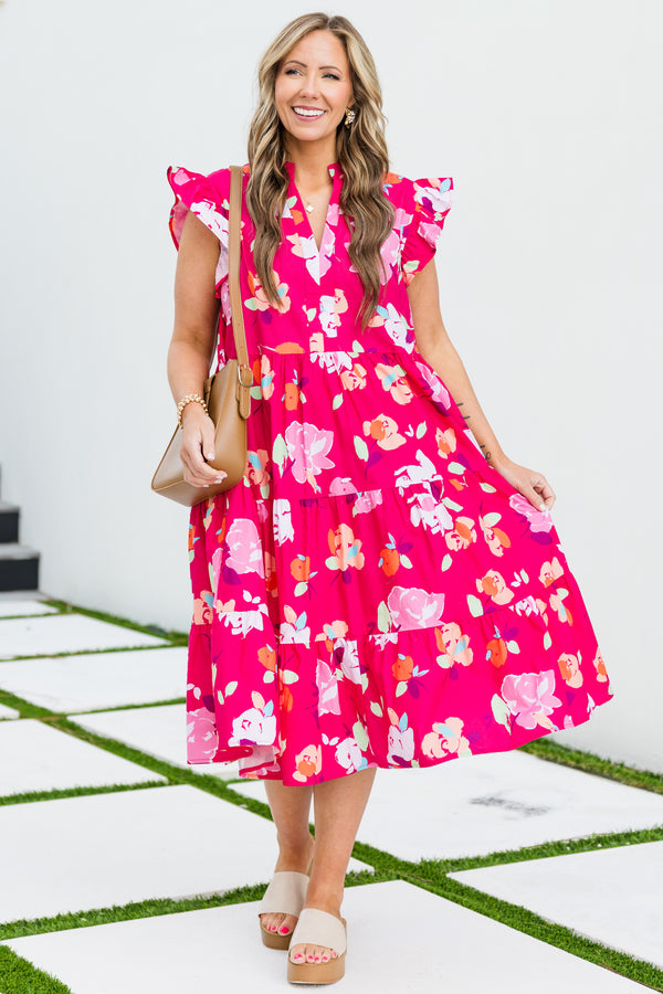 Chic Soul plus size clothing, magenta short sleeve midi dress with tiered detail with v neckline with ruffle sleeve detail and large floral multi print