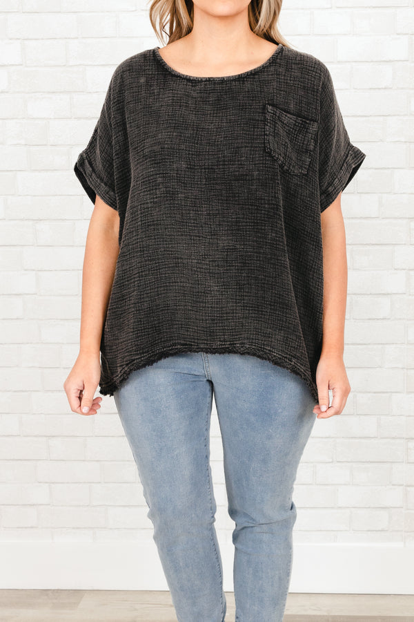 Chic Soul plus size clothing, black textured top with front pocket