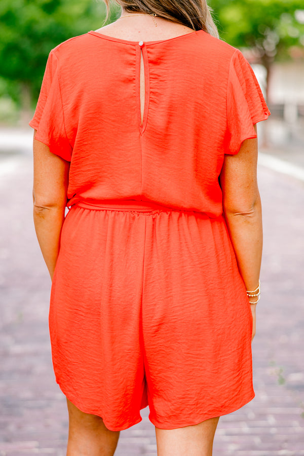 Chic Soul plus size clothing, solid orange short-flutter sleeve v-neck romper with waist tie and pockets