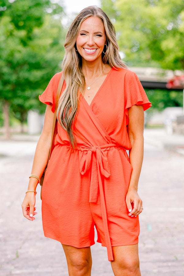 Chic Soul plus size clothing, solid orange short-flutter sleeve v-neck romper with waist tie and pockets